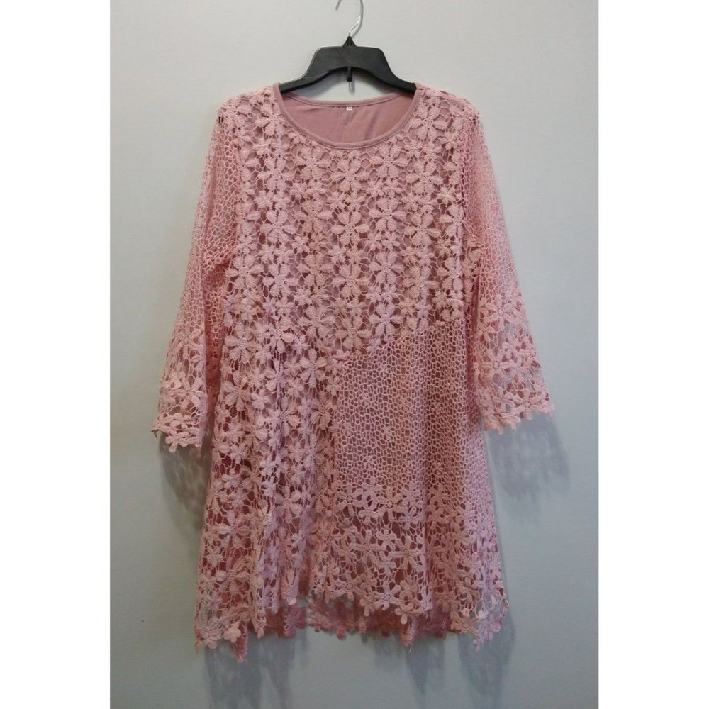 Long Floral Lace Patchwork Layered Light Pink Blouse size XL